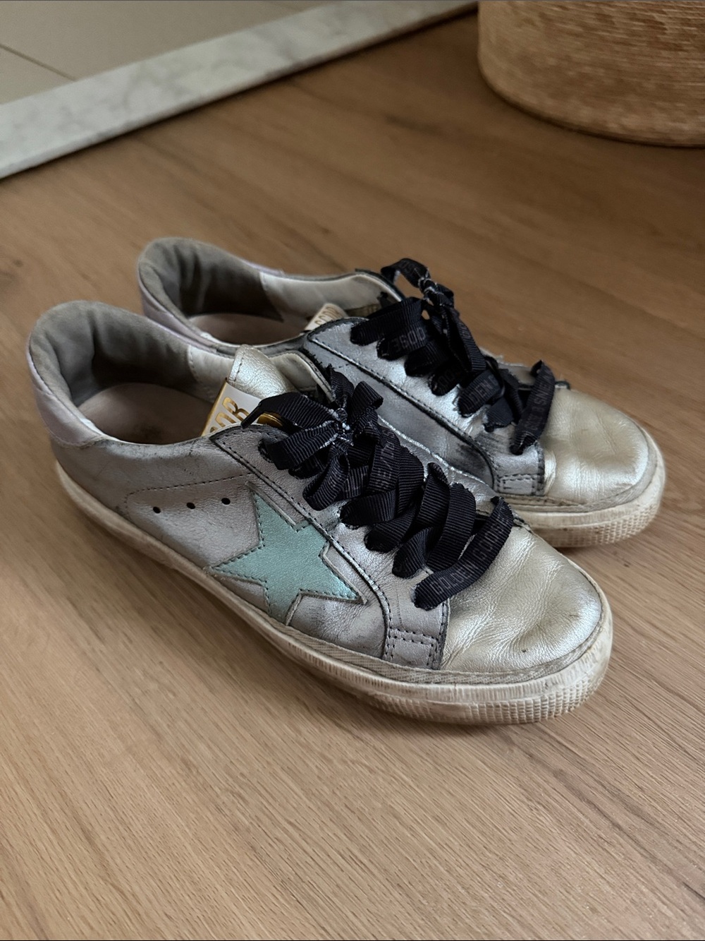 Golden Goose Metallic Silver Sneakers with Mint Green Star and Black Laces